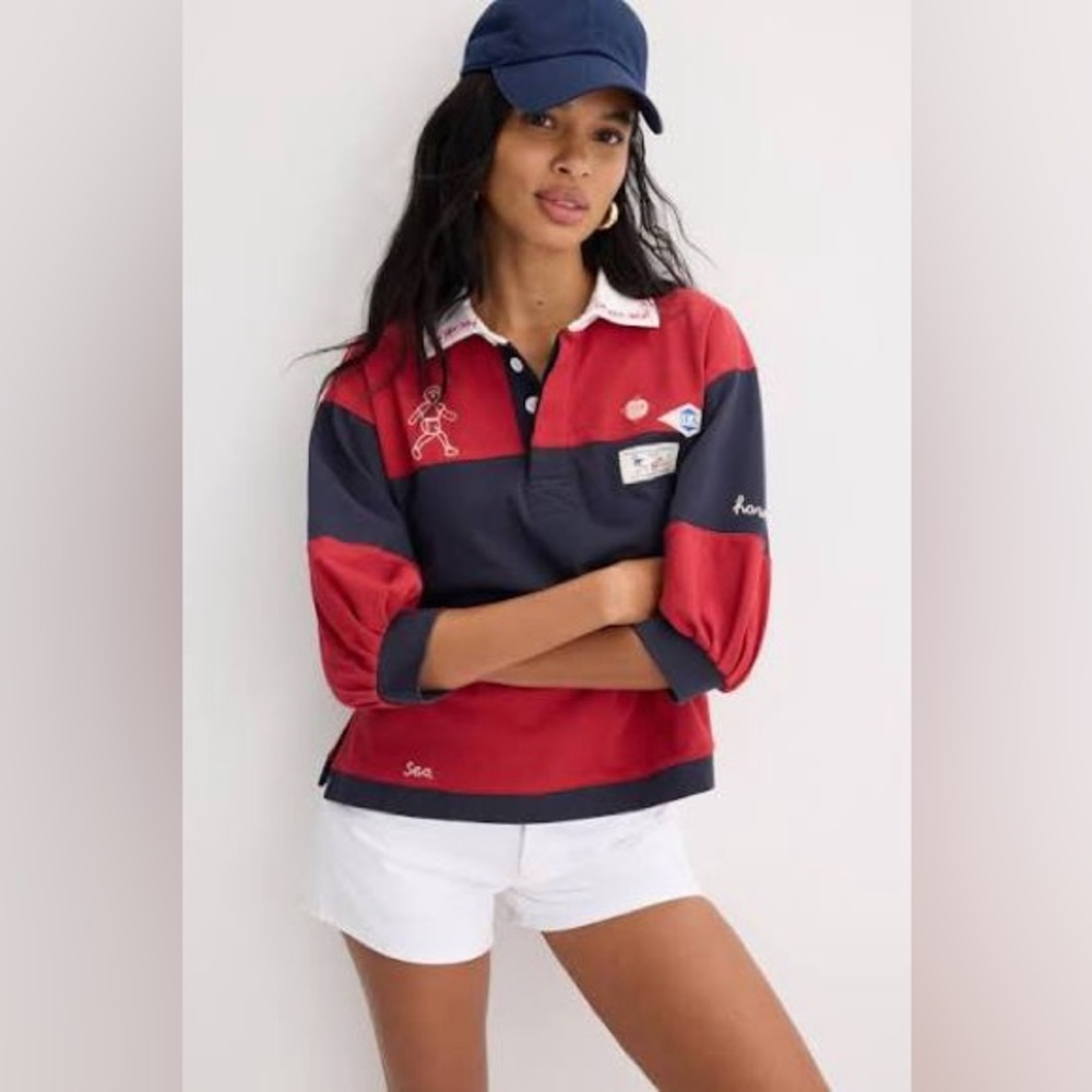 NWT Sea New York Carolyn Red and Navy Striped Patches Rugby Collared Top